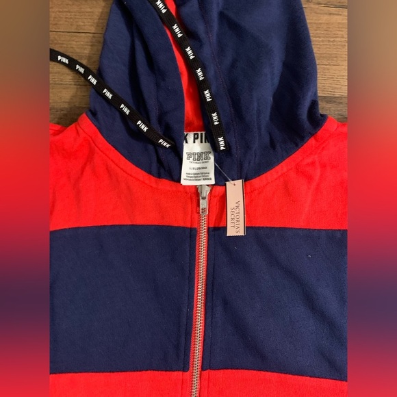 PINK VS STRIPE RED/ BLUE 86 BLING HOODIE L - Picture 5 of 5